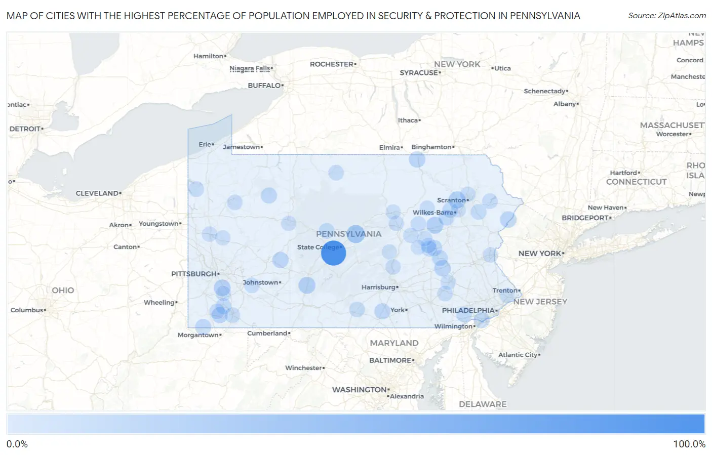 Cities with the Highest Percentage of Population Employed in Security & Protection in Pennsylvania Map