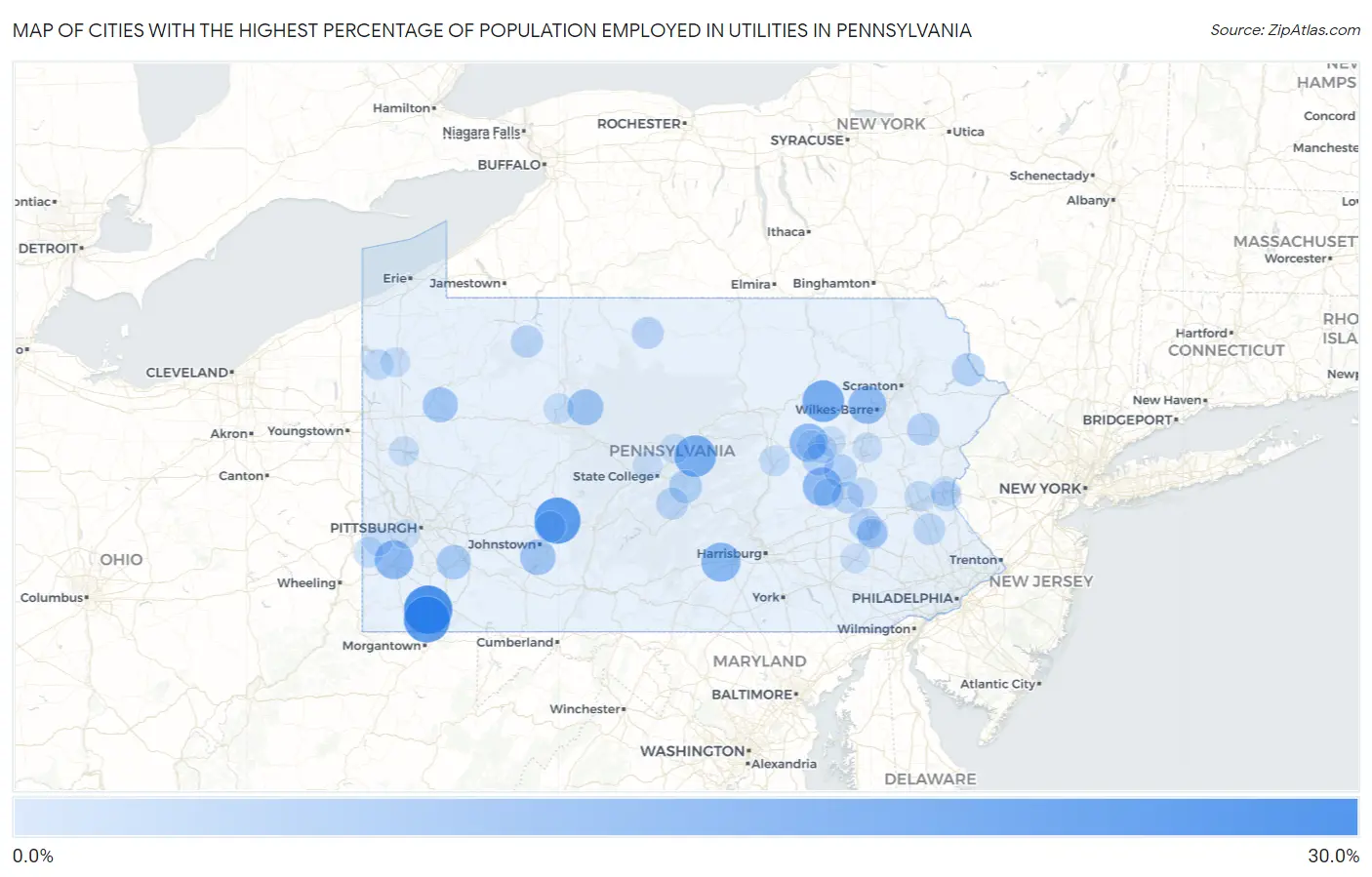 Cities with the Highest Percentage of Population Employed in Utilities in Pennsylvania Map