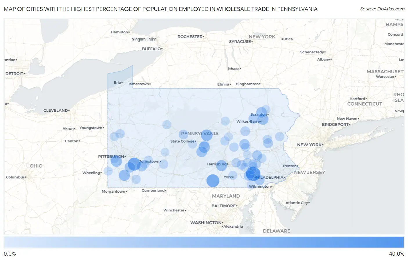 Cities with the Highest Percentage of Population Employed in Wholesale Trade in Pennsylvania Map