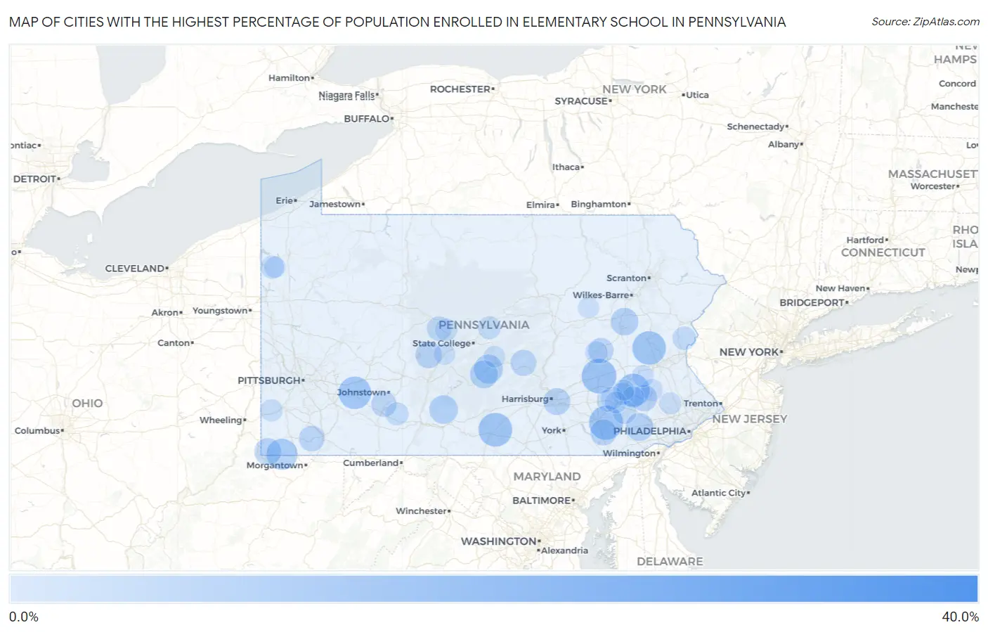 Cities with the Highest Percentage of Population Enrolled in Elementary School in Pennsylvania Map