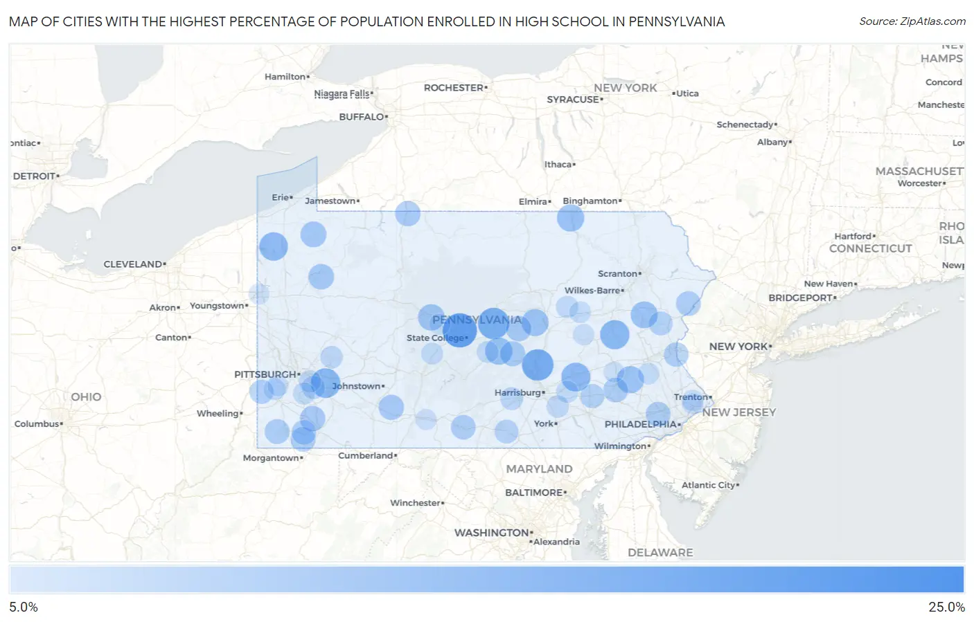 Cities with the Highest Percentage of Population Enrolled in High School in Pennsylvania Map