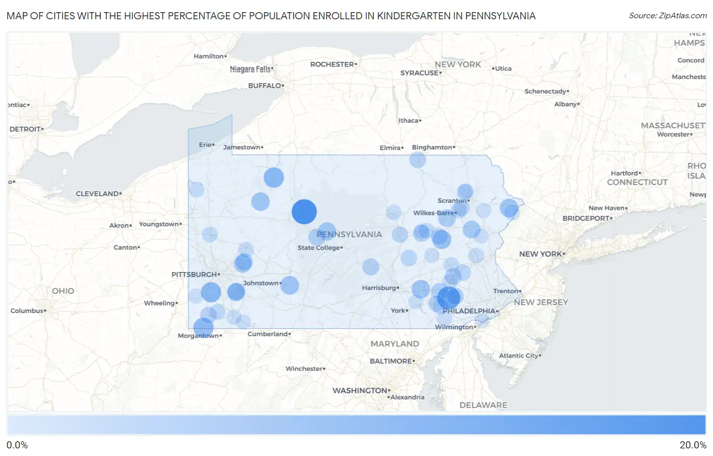 Cities with the Highest Percentage of Population Enrolled in Kindergarten in Pennsylvania Map
