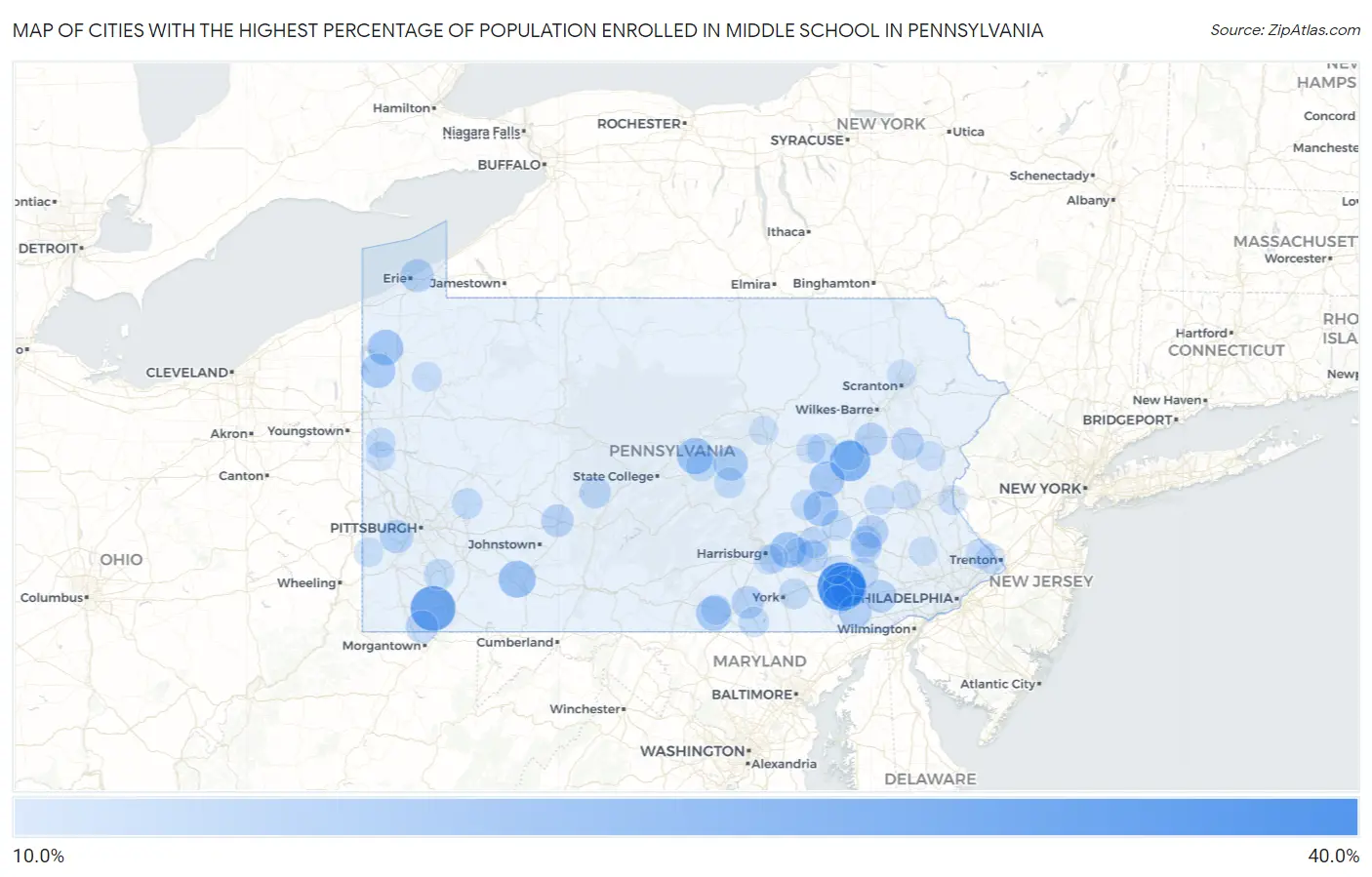 Cities with the Highest Percentage of Population Enrolled in Middle School in Pennsylvania Map