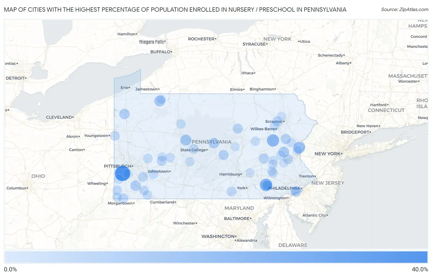 Cities with the Highest Percentage of Population Enrolled in Nursery / Preschool in Pennsylvania Map
