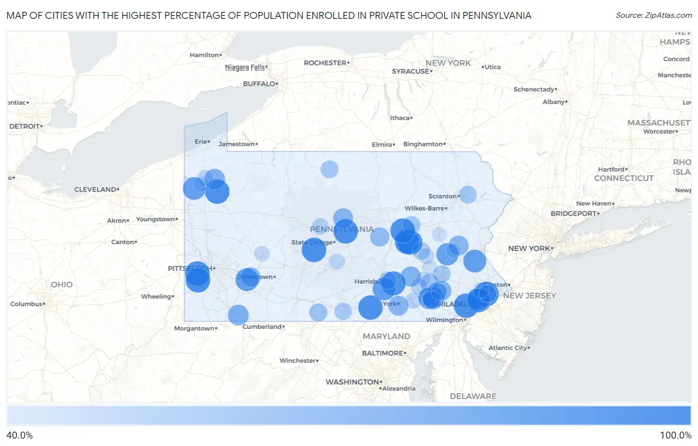 Cities with the Highest Percentage of Population Enrolled in Private School in Pennsylvania Map