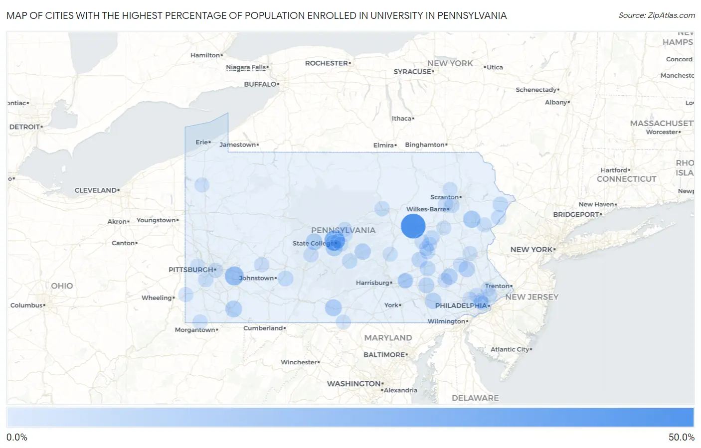 Cities with the Highest Percentage of Population Enrolled in University in Pennsylvania Map