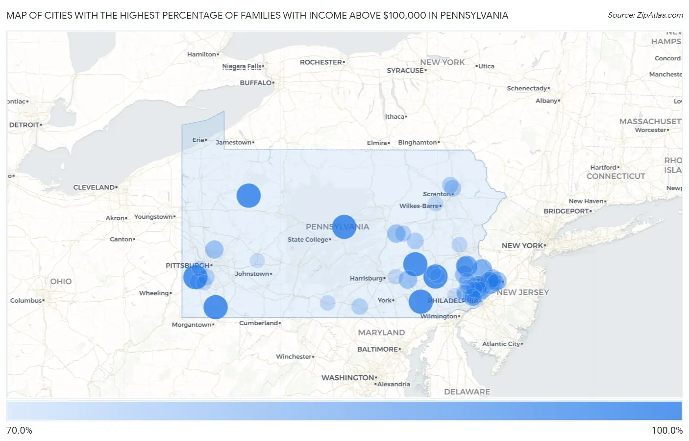 Cities with the Highest Percentage of Families with Income Above $100,000 in Pennsylvania Map