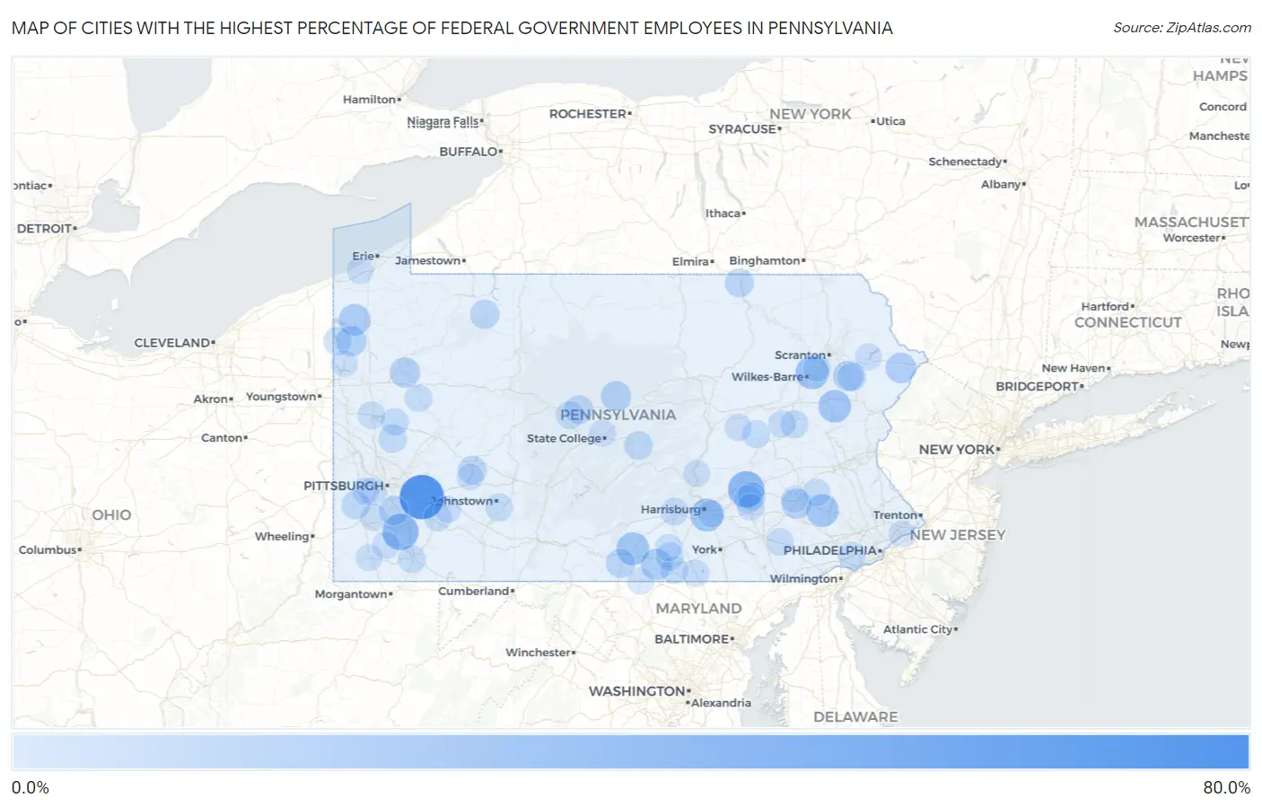 Cities with the Highest Percentage of Federal Government Employees in Pennsylvania Map