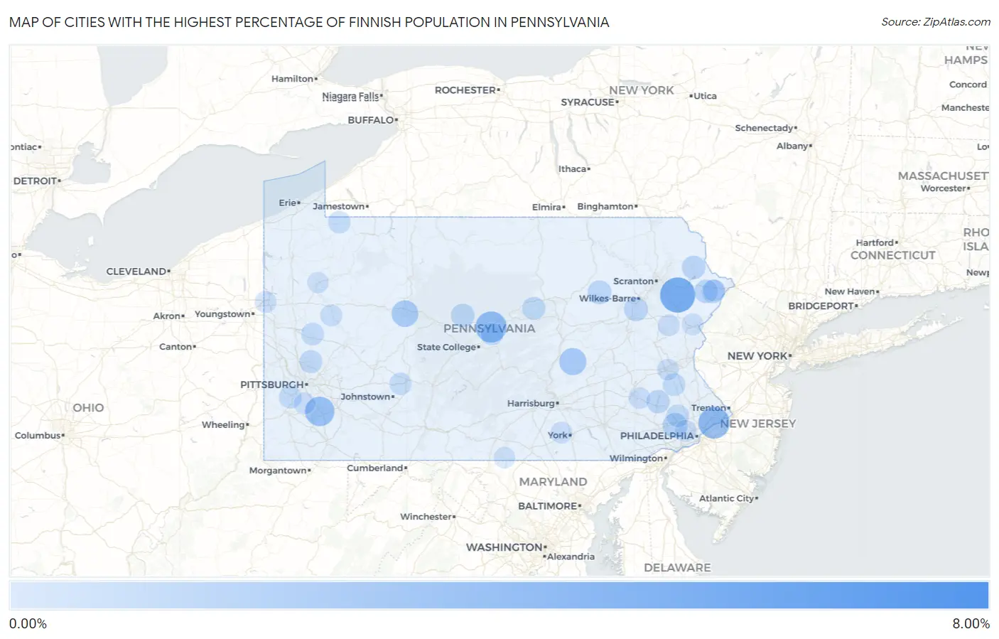 Cities with the Highest Percentage of Finnish Population in Pennsylvania Map