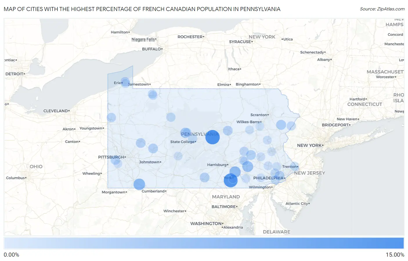 Cities with the Highest Percentage of French Canadian Population in Pennsylvania Map