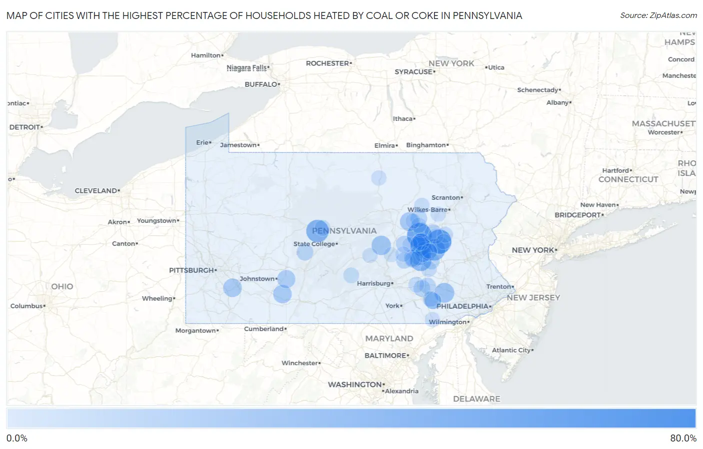 Cities with the Highest Percentage of Households Heated by Coal or Coke in Pennsylvania Map