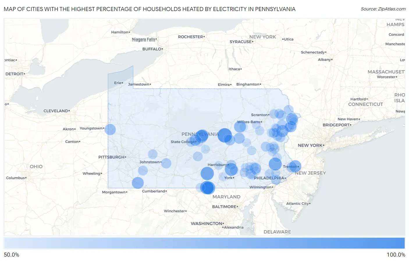 Cities with the Highest Percentage of Households Heated by Electricity in Pennsylvania Map
