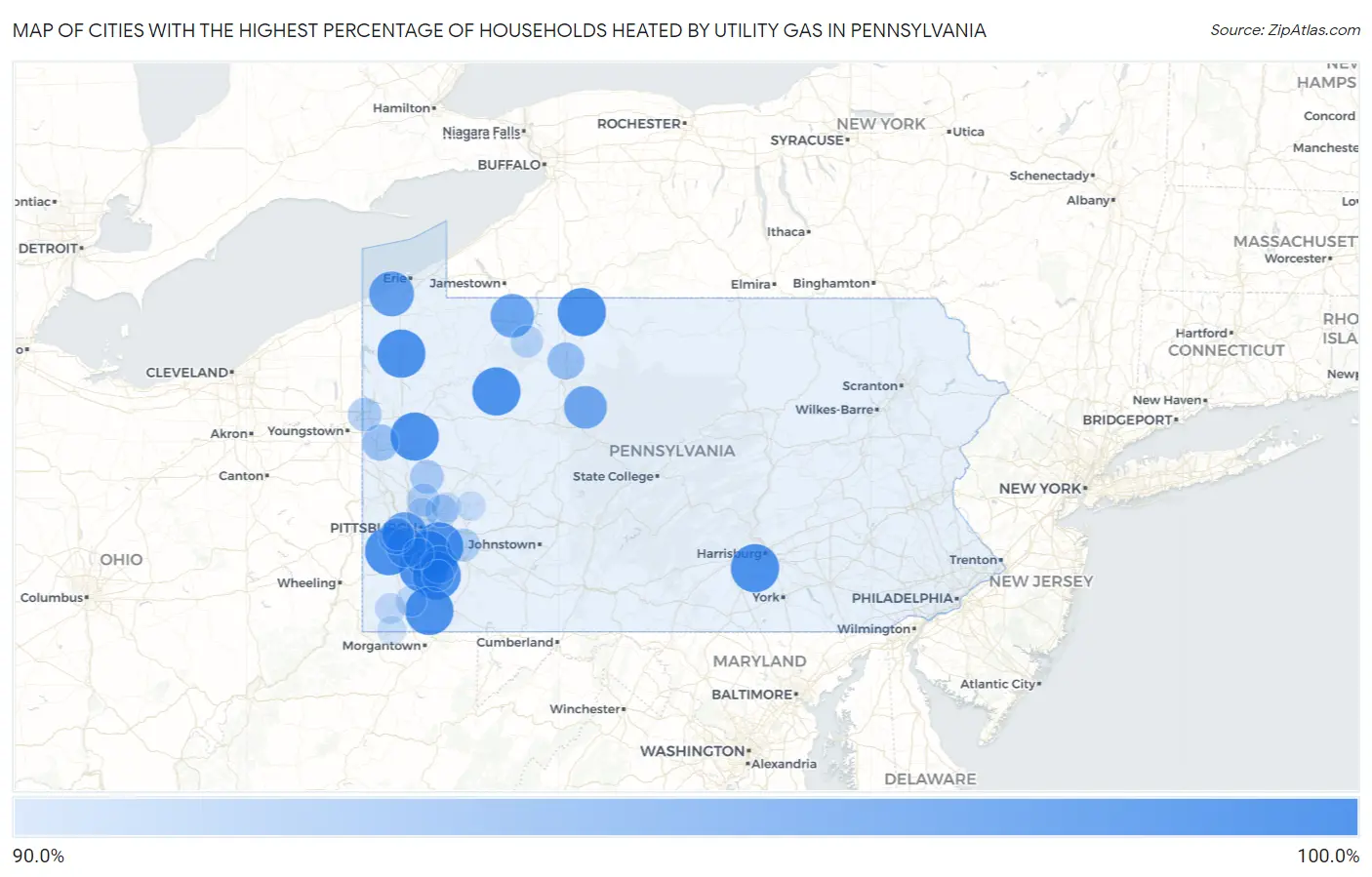 Cities with the Highest Percentage of Households Heated by Utility Gas in Pennsylvania Map