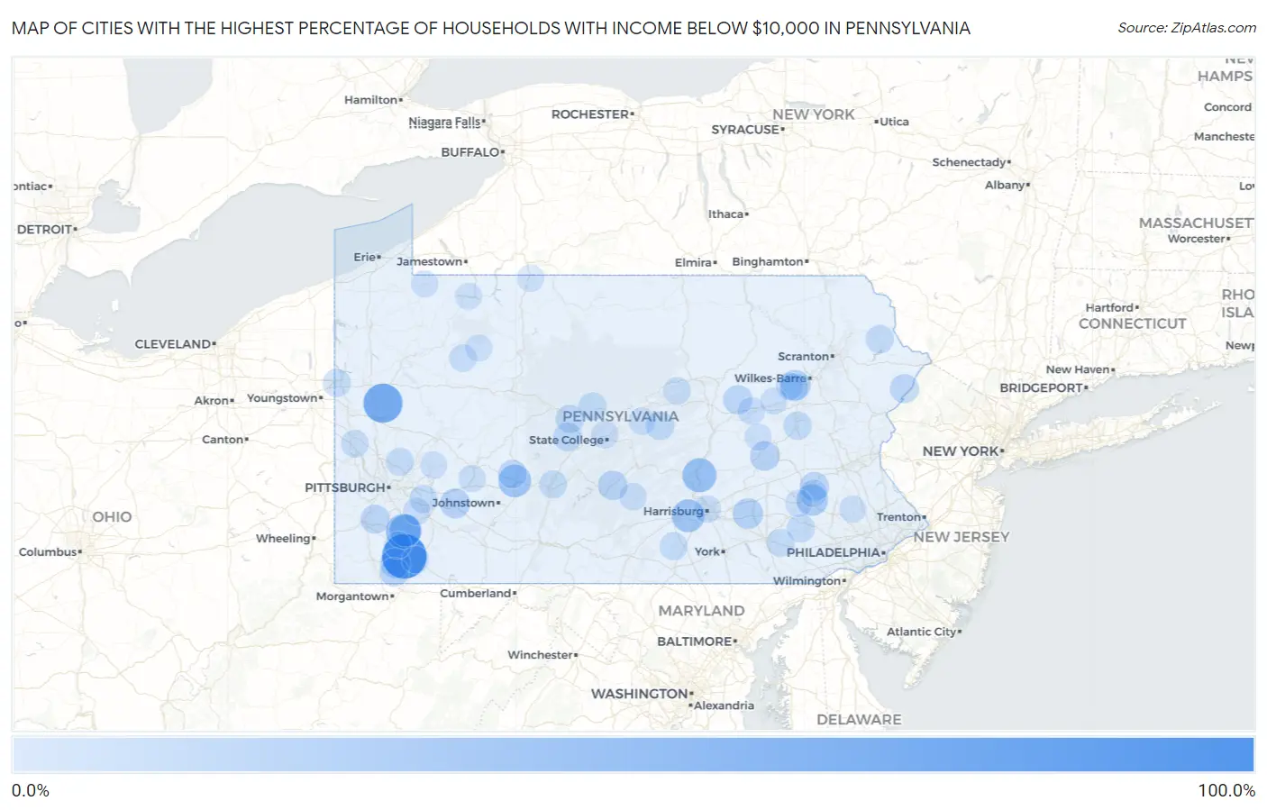 Cities with the Highest Percentage of Households with Income Below $10,000 in Pennsylvania Map