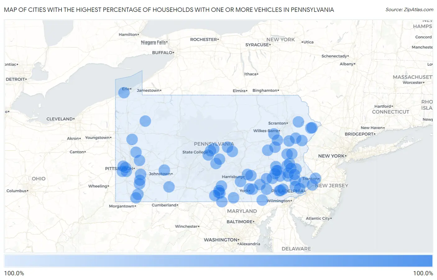 Cities with the Highest Percentage of Households With One or more Vehicles in Pennsylvania Map