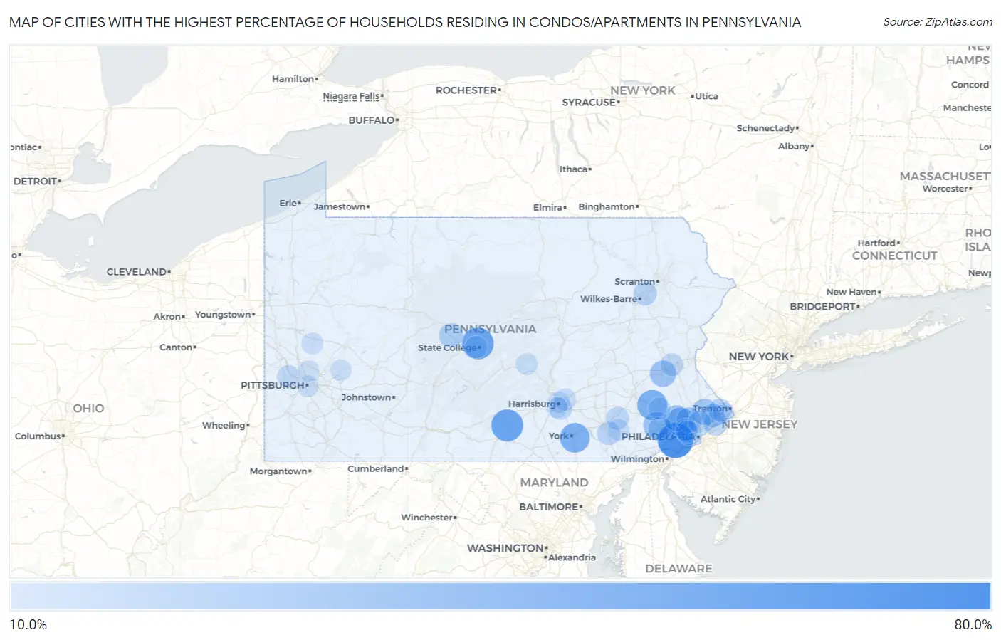Cities with the Highest Percentage of Households Residing in Condos/Apartments in Pennsylvania Map