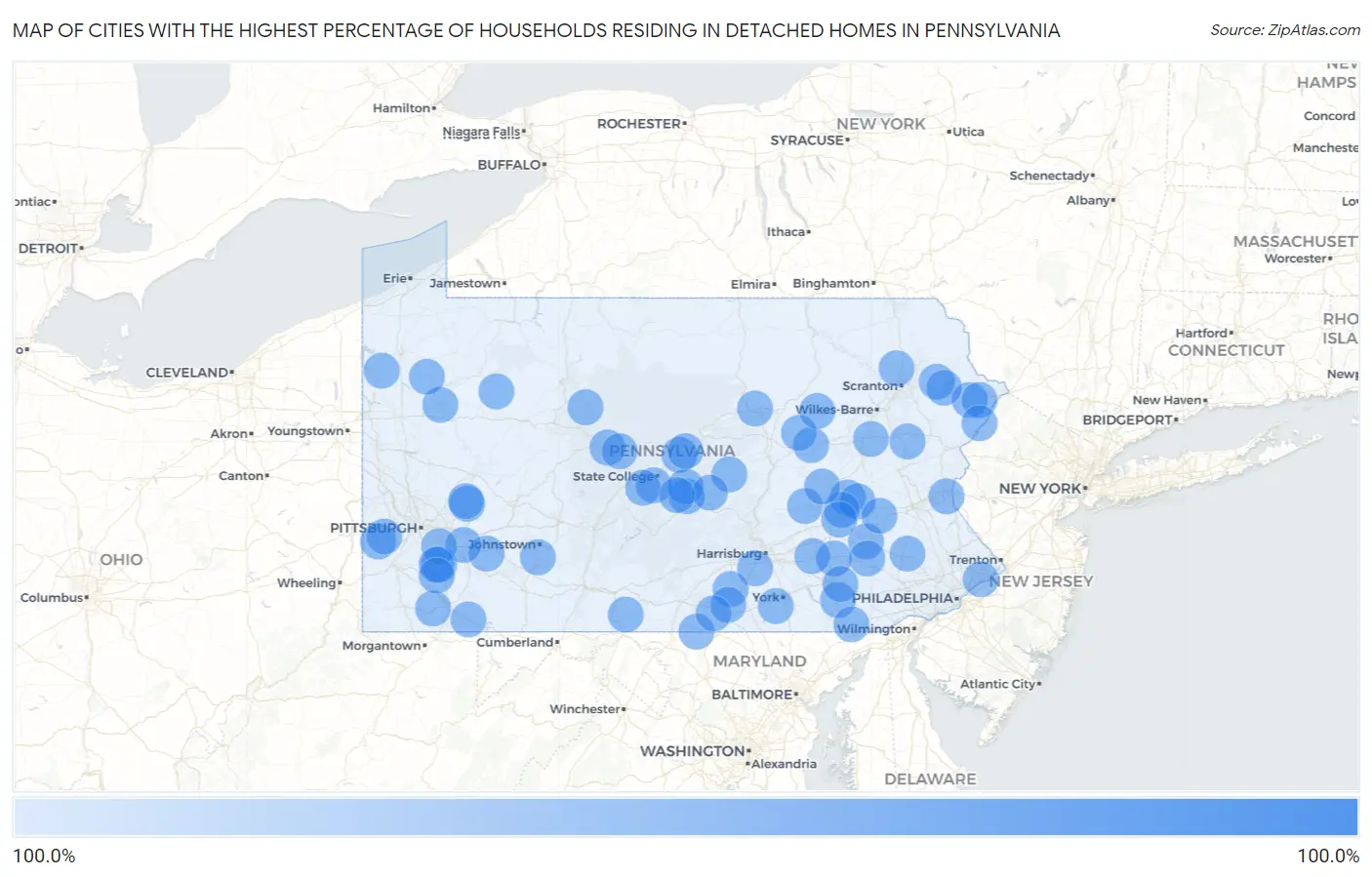 Cities with the Highest Percentage of Households Residing in Detached Homes in Pennsylvania Map