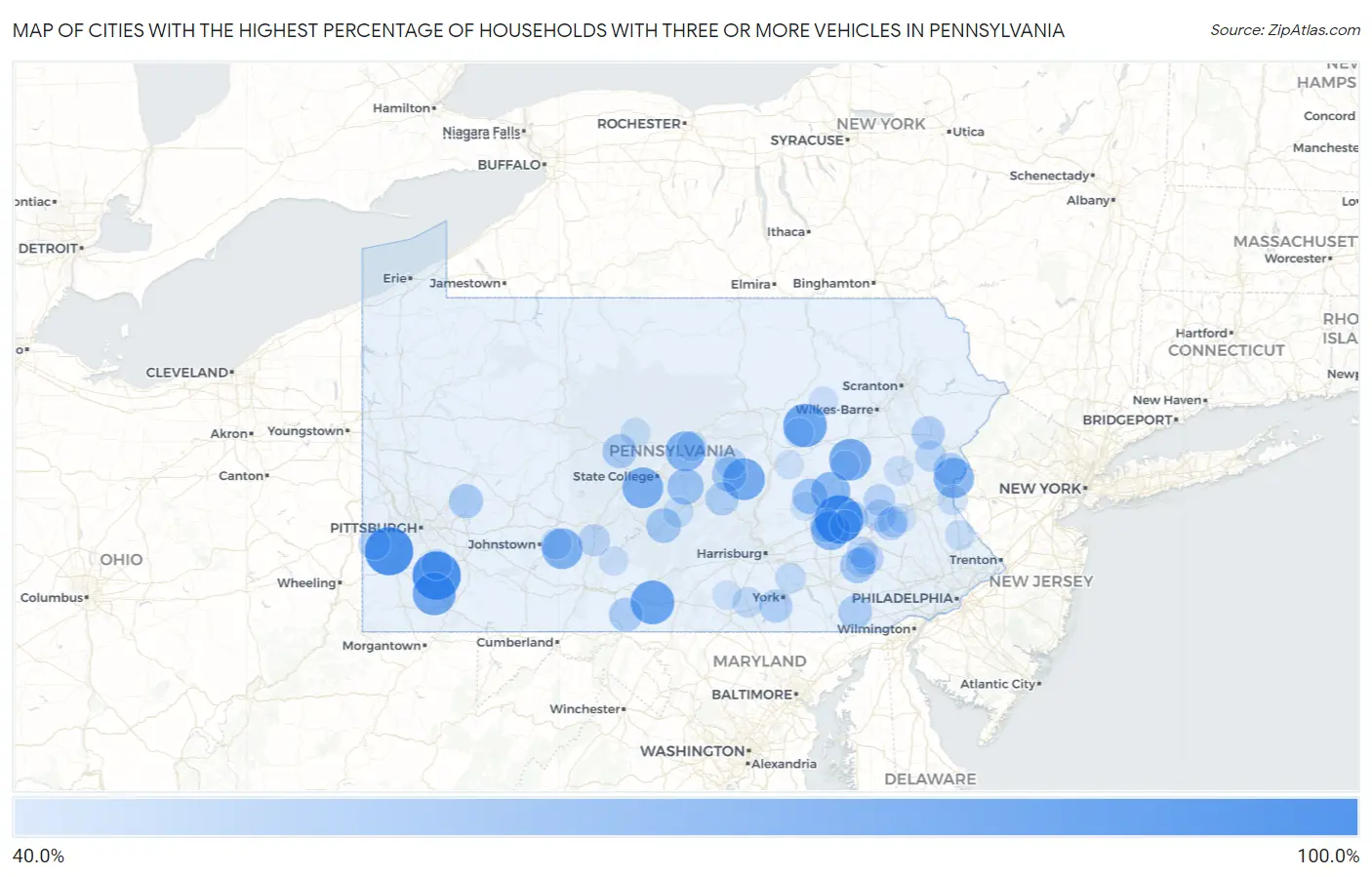 Cities with the Highest Percentage of Households With Three or more Vehicles in Pennsylvania Map