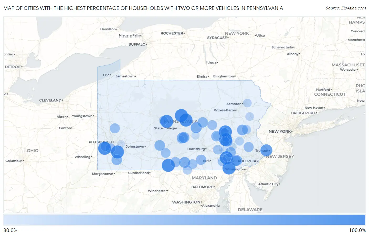 Cities with the Highest Percentage of Households With Two or more Vehicles in Pennsylvania Map