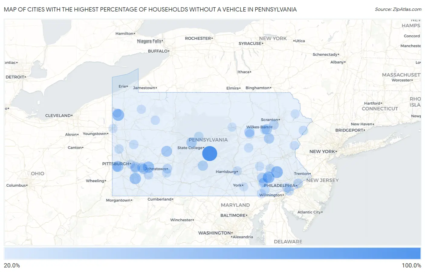 Cities with the Highest Percentage of Households Without a Vehicle in Pennsylvania Map
