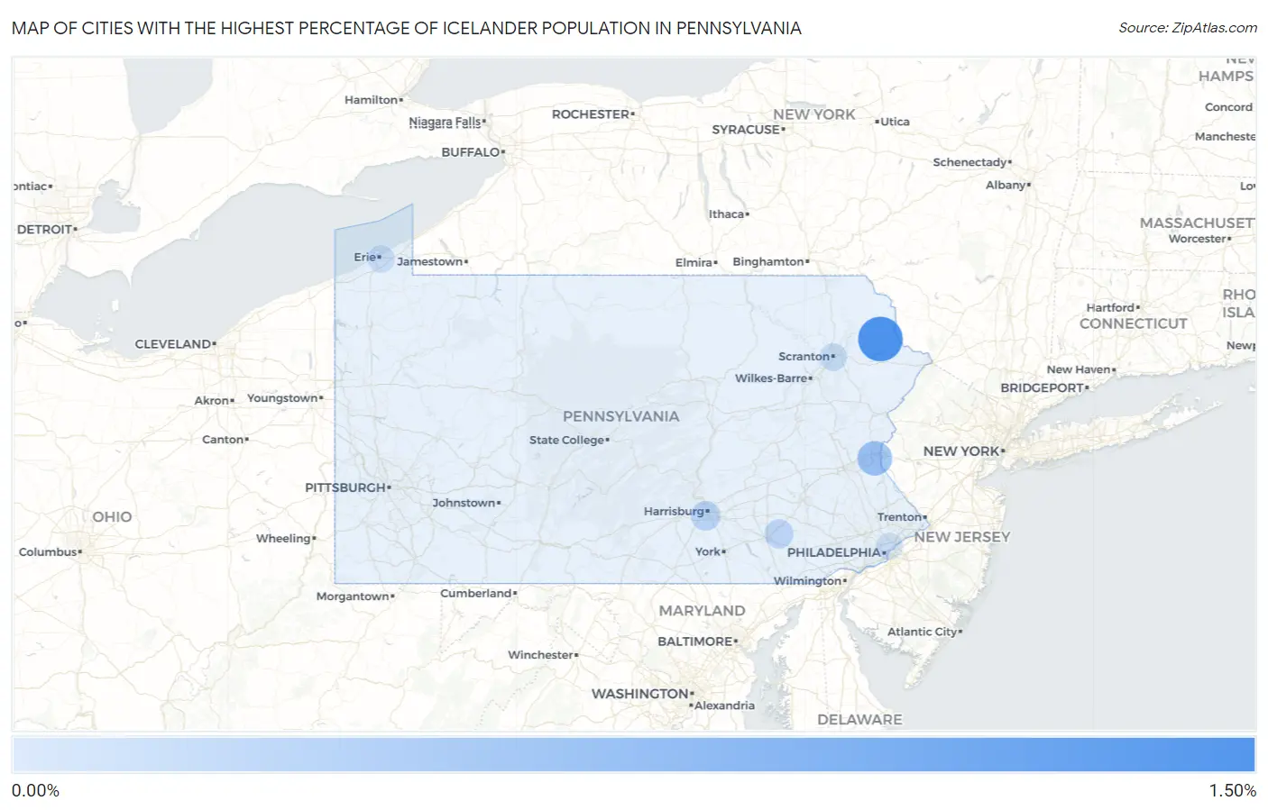 Cities with the Highest Percentage of Icelander Population in Pennsylvania Map