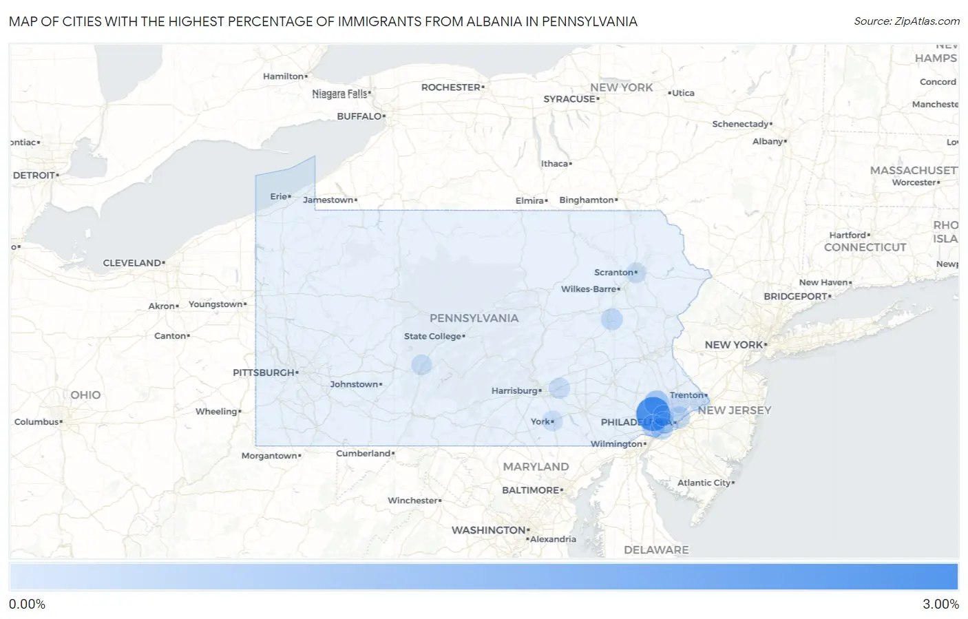Cities with the Highest Percentage of Immigrants from Albania in Pennsylvania Map