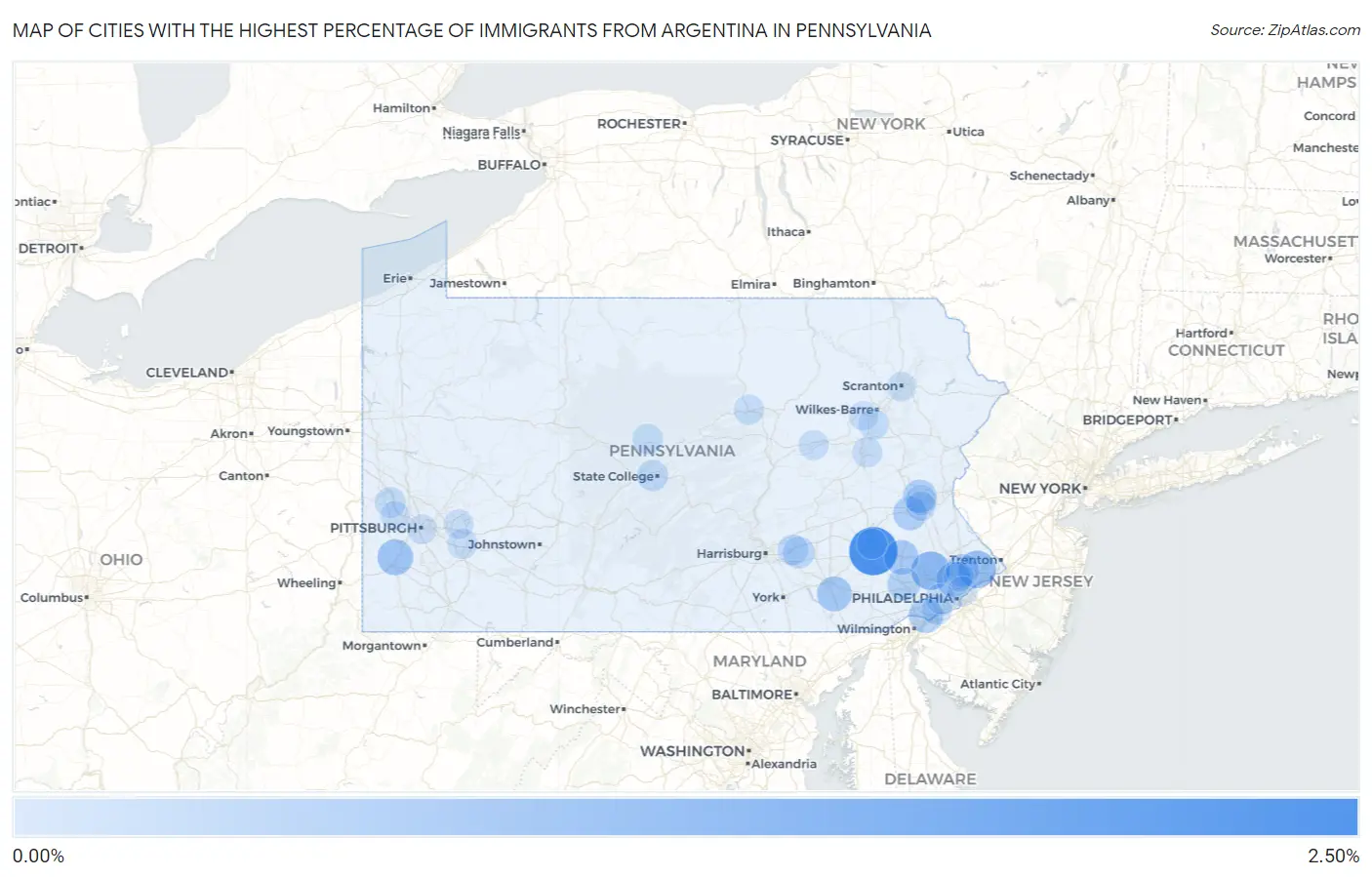 Cities with the Highest Percentage of Immigrants from Argentina in Pennsylvania Map