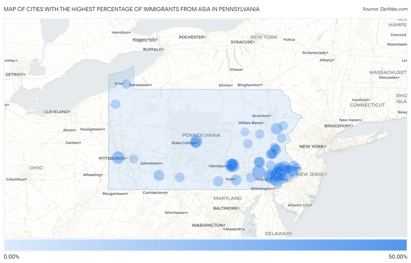 Cities with the Highest Percentage of Immigrants from Asia in Pennsylvania Map