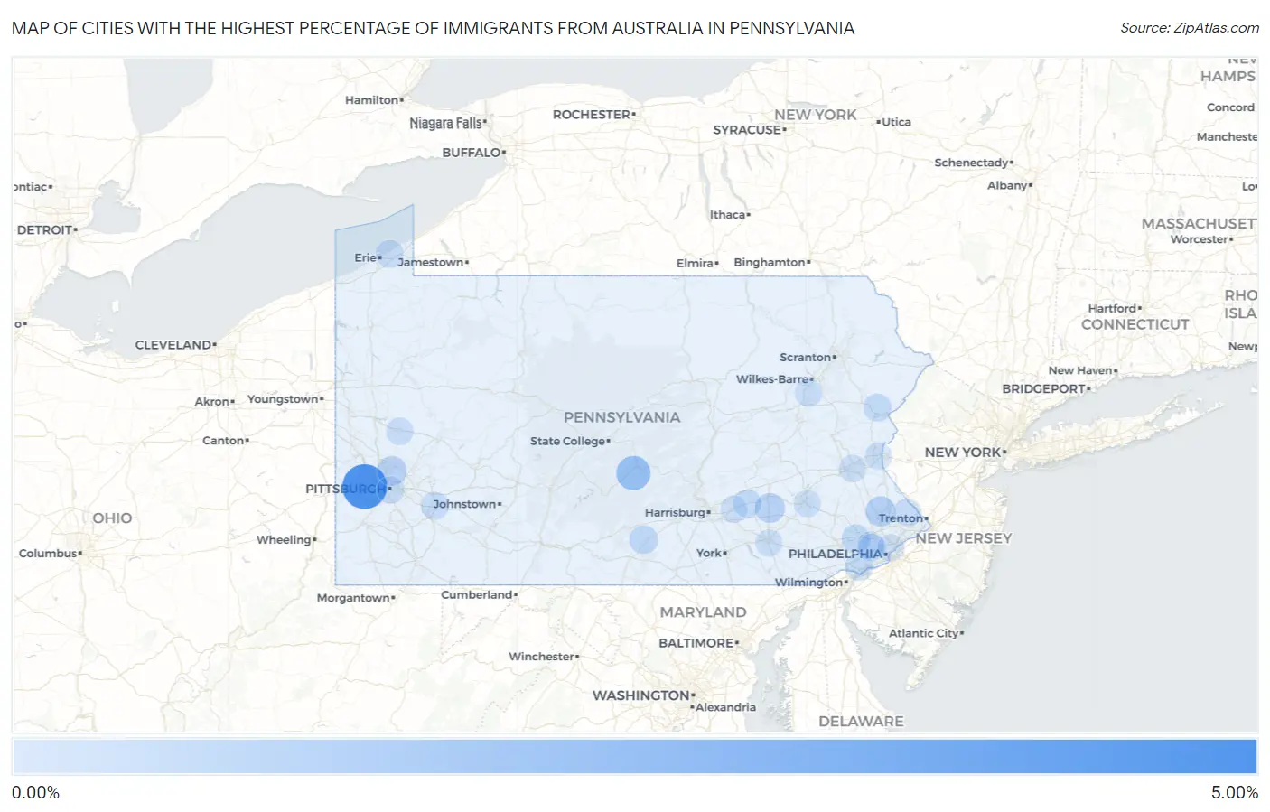 Cities with the Highest Percentage of Immigrants from Australia in Pennsylvania Map