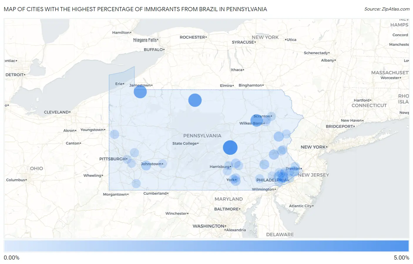 Cities with the Highest Percentage of Immigrants from Brazil in Pennsylvania Map
