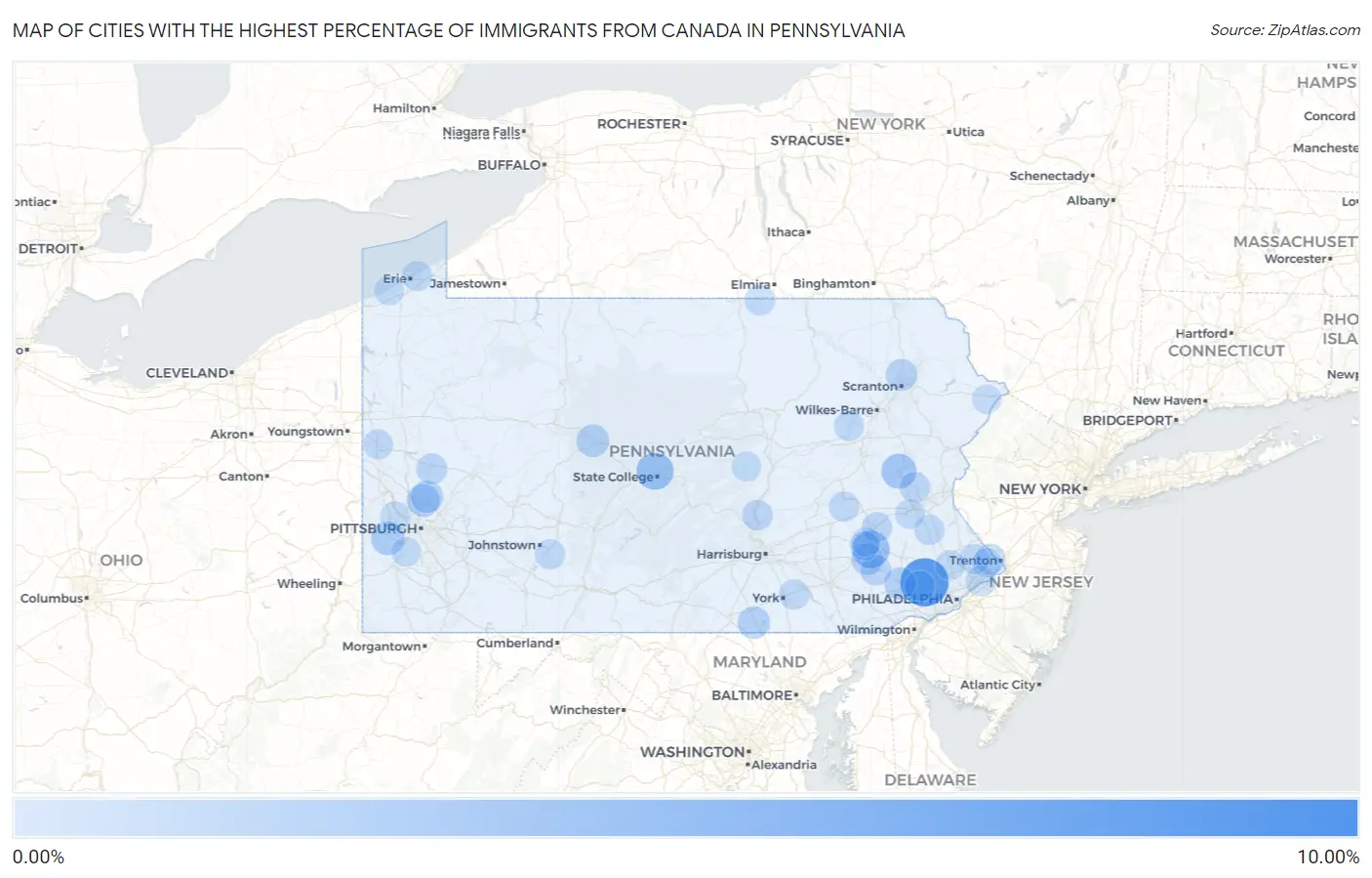 Cities with the Highest Percentage of Immigrants from Canada in Pennsylvania Map