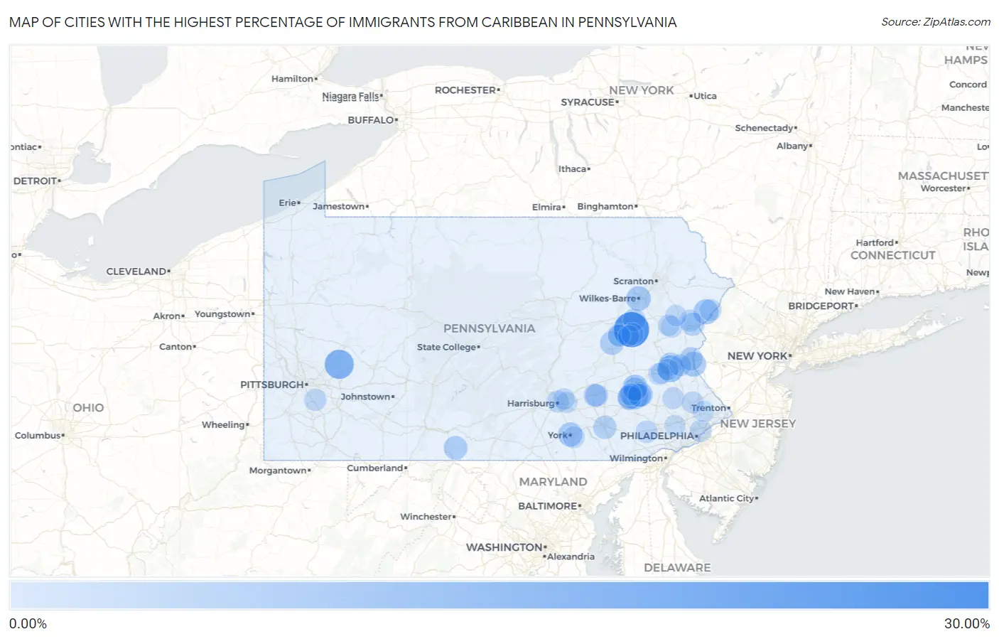 Cities with the Highest Percentage of Immigrants from Caribbean in Pennsylvania Map