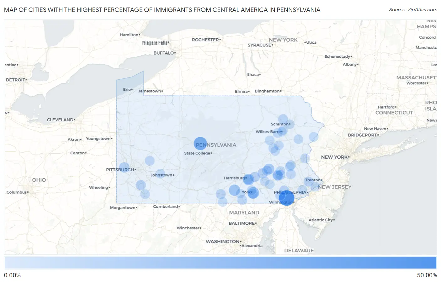 Cities with the Highest Percentage of Immigrants from Central America in Pennsylvania Map