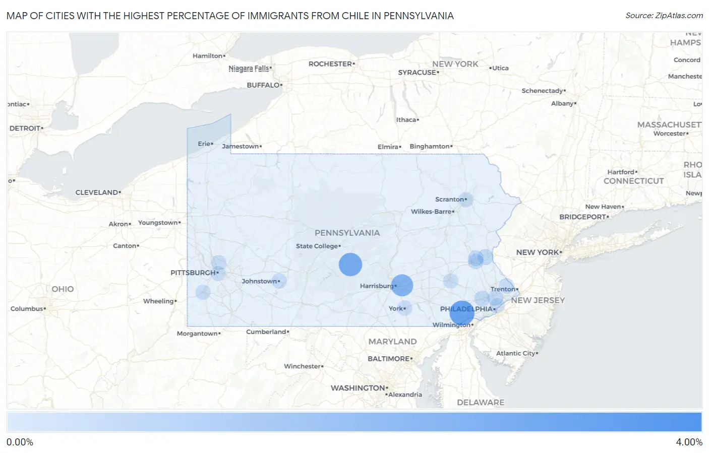Cities with the Highest Percentage of Immigrants from Chile in Pennsylvania Map