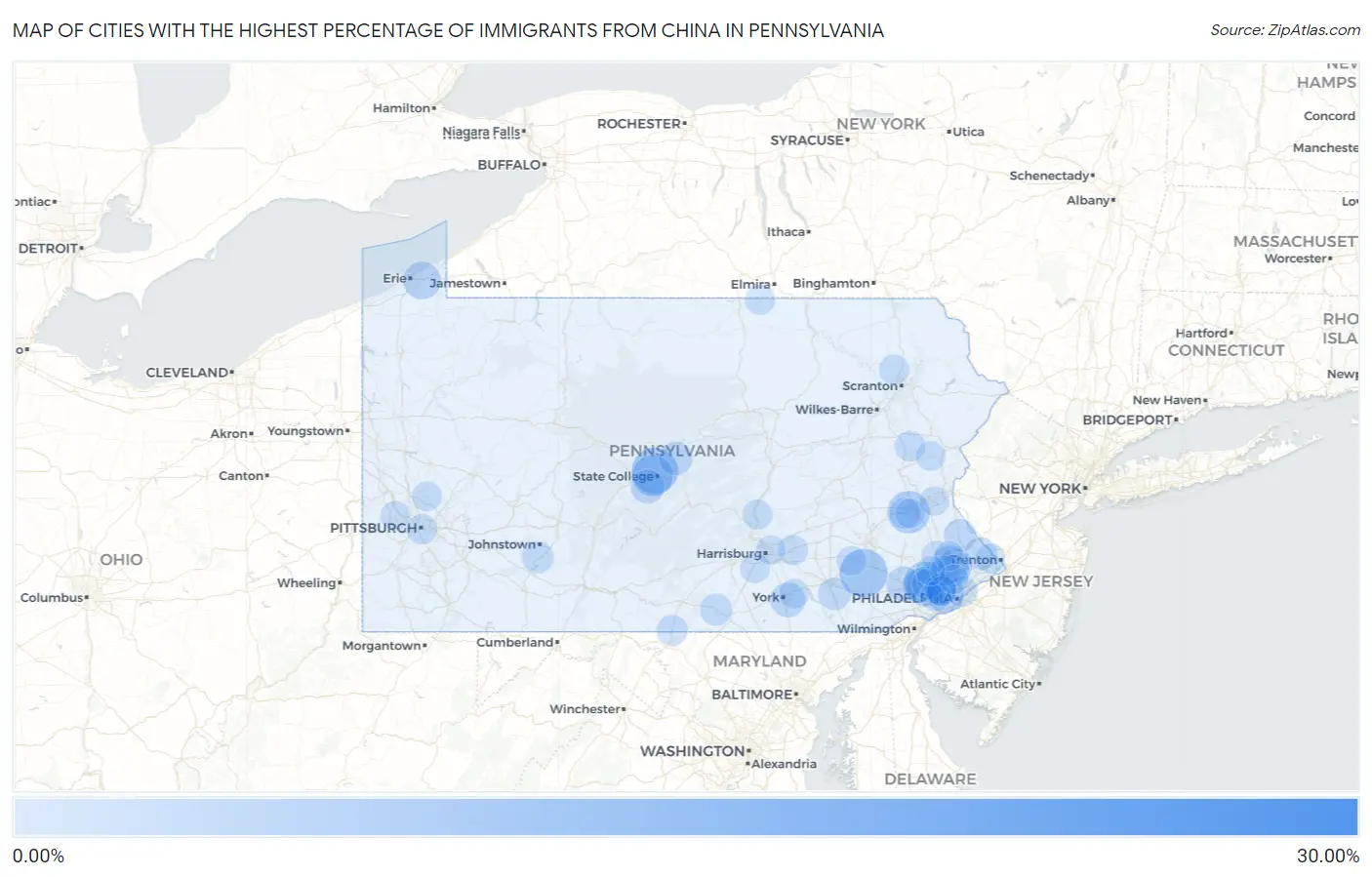 Cities with the Highest Percentage of Immigrants from China in Pennsylvania Map