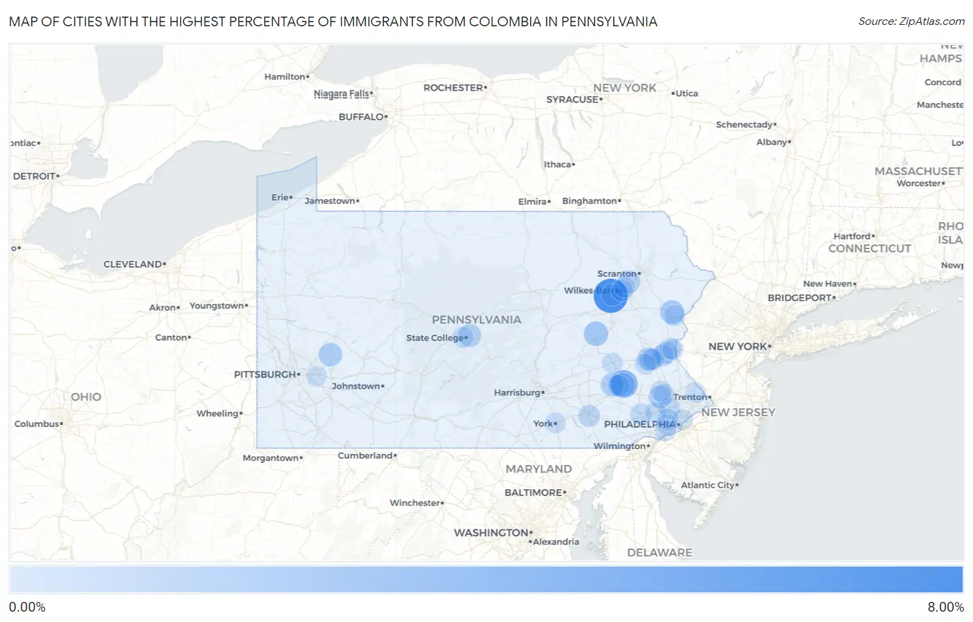 Cities with the Highest Percentage of Immigrants from Colombia in Pennsylvania Map