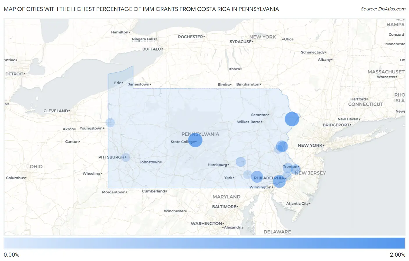 Cities with the Highest Percentage of Immigrants from Costa Rica in Pennsylvania Map