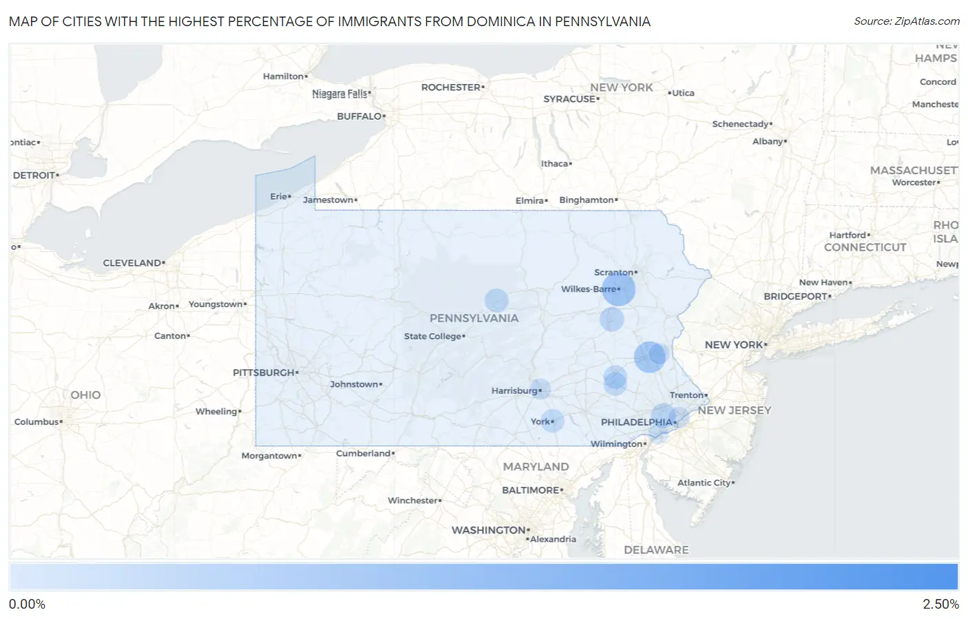 Cities with the Highest Percentage of Immigrants from Dominica in Pennsylvania Map