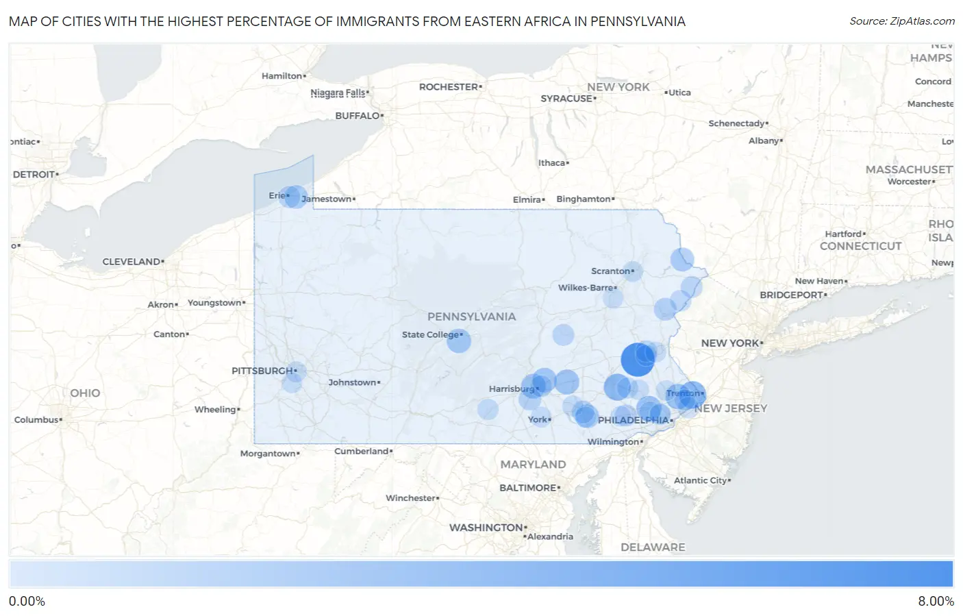 Cities with the Highest Percentage of Immigrants from Eastern Africa in Pennsylvania Map