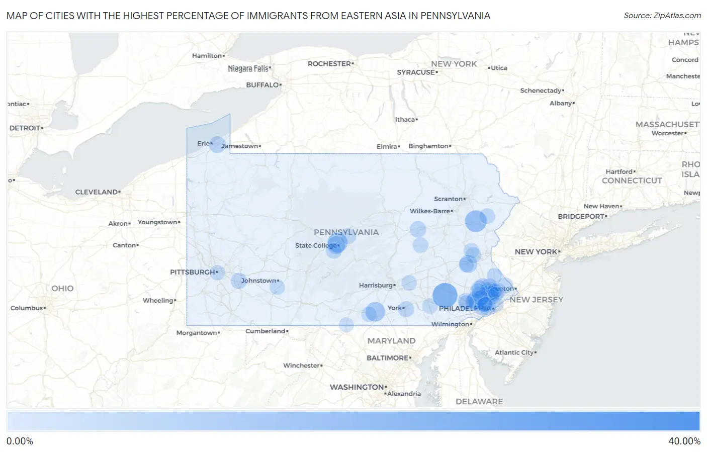 Cities with the Highest Percentage of Immigrants from Eastern Asia in Pennsylvania Map