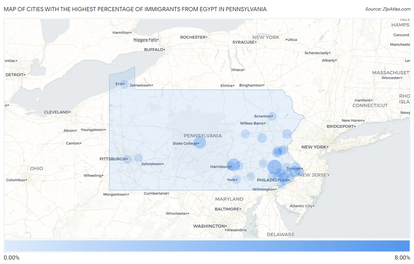 Cities with the Highest Percentage of Immigrants from Egypt in Pennsylvania Map