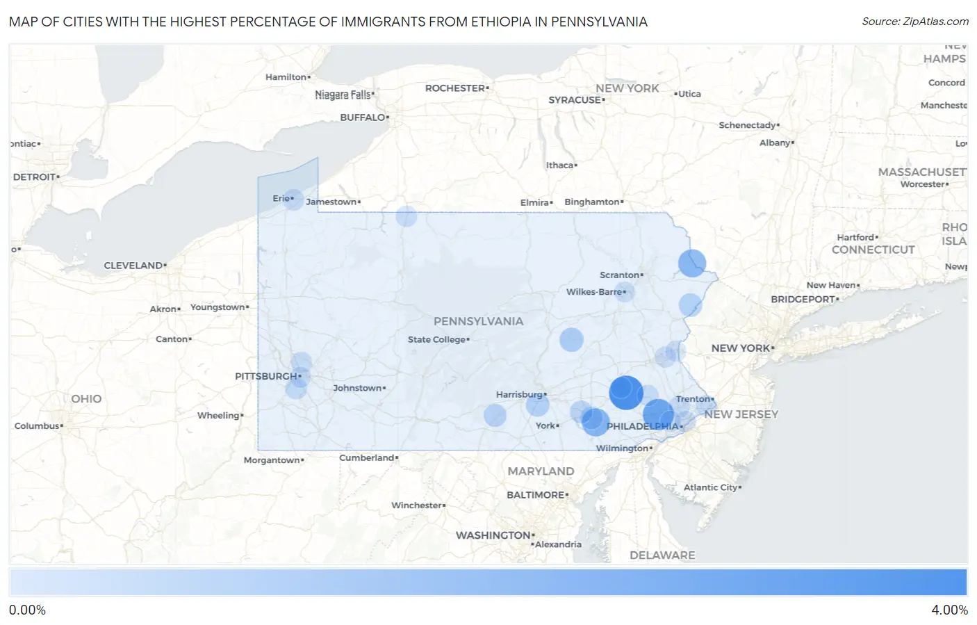 Cities with the Highest Percentage of Immigrants from Ethiopia in Pennsylvania Map