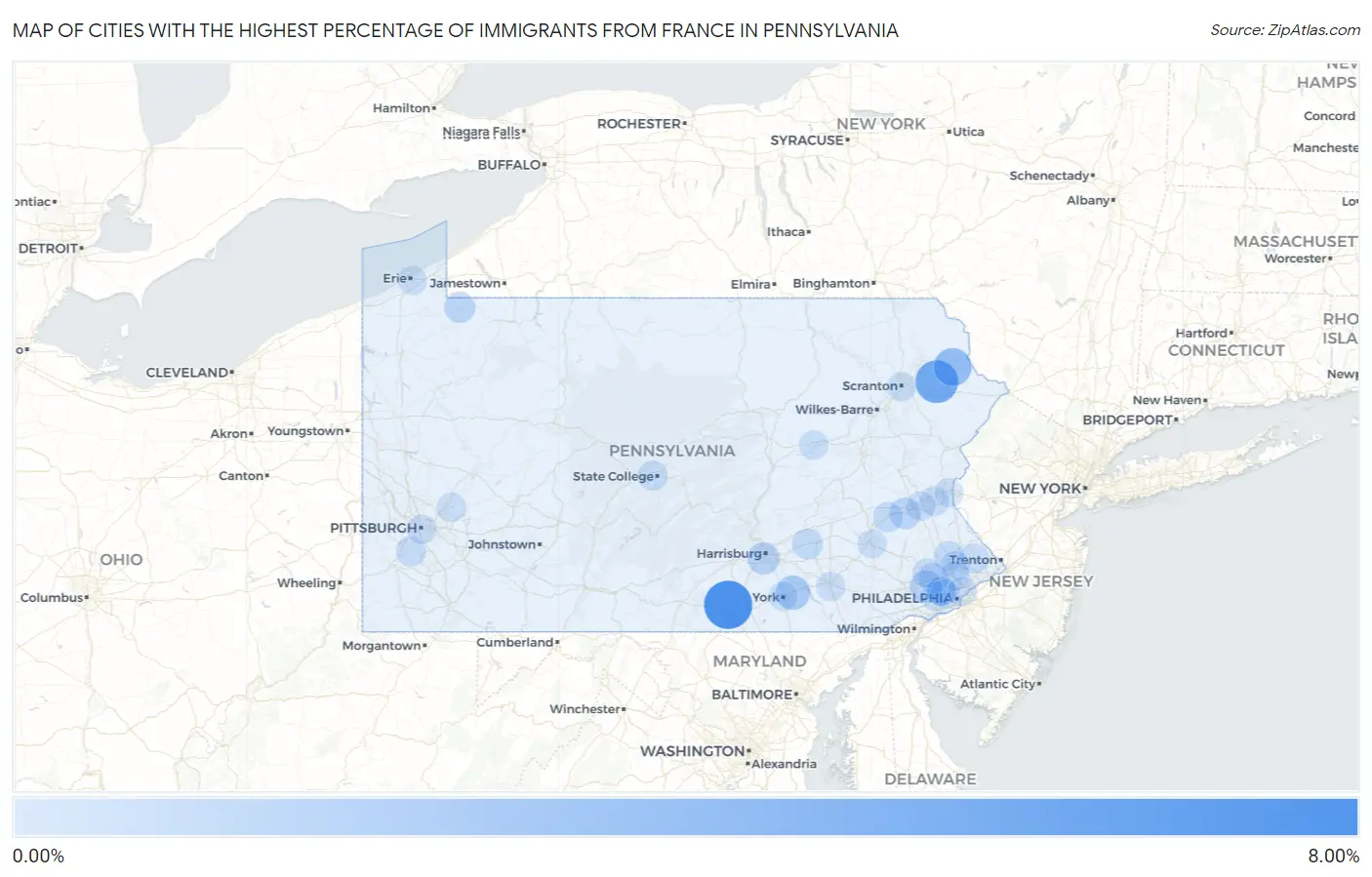 Cities with the Highest Percentage of Immigrants from France in Pennsylvania Map
