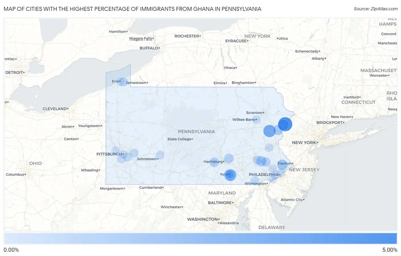 Cities with the Highest Percentage of Immigrants from Ghana in Pennsylvania Map