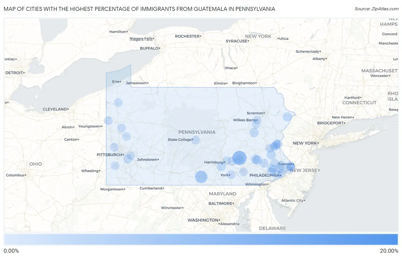 Cities with the Highest Percentage of Immigrants from Guatemala in Pennsylvania Map