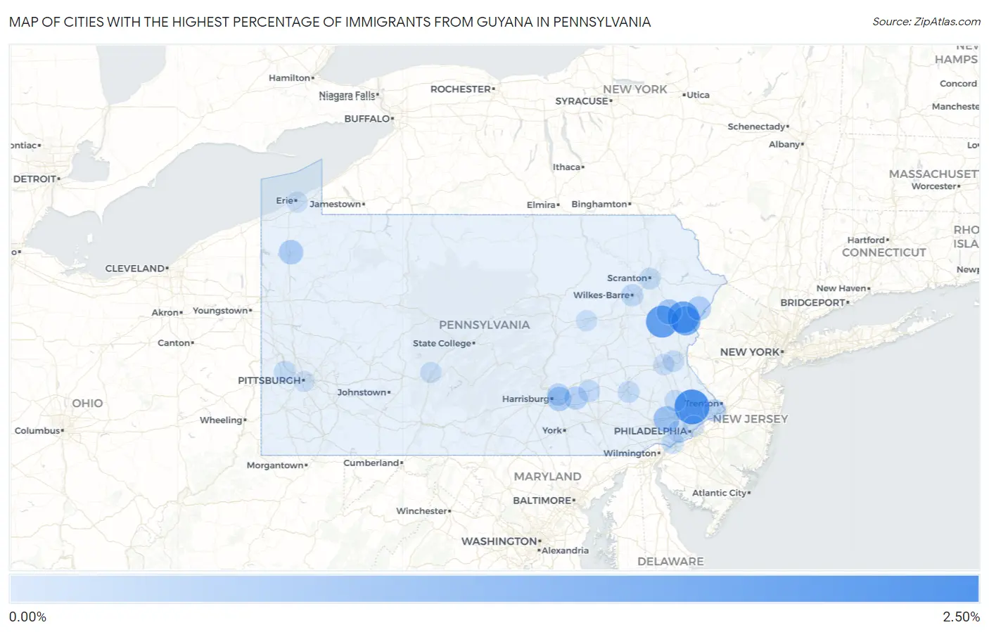 Cities with the Highest Percentage of Immigrants from Guyana in Pennsylvania Map