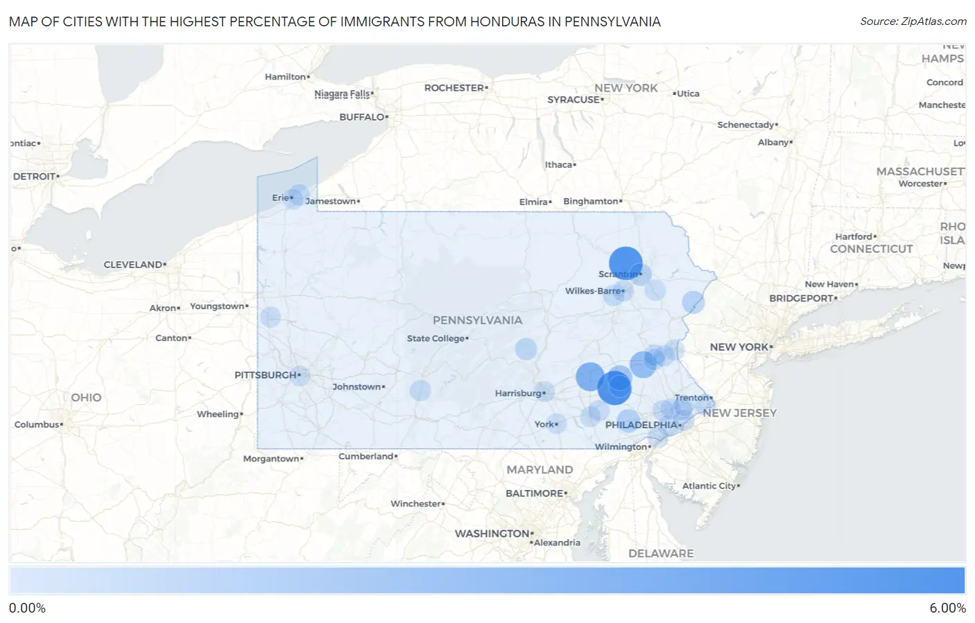 Cities with the Highest Percentage of Immigrants from Honduras in Pennsylvania Map