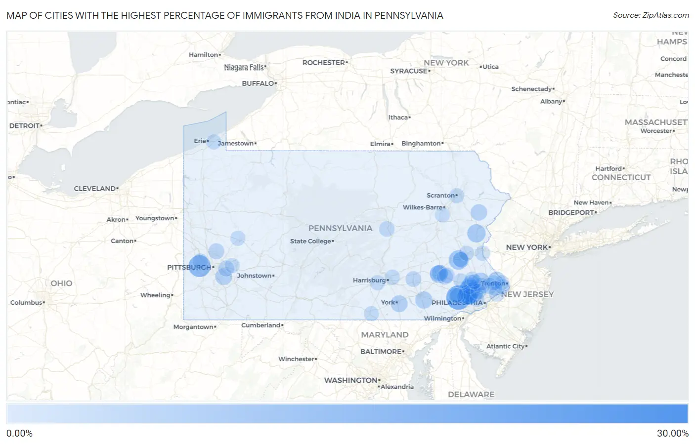 Cities with the Highest Percentage of Immigrants from India in Pennsylvania Map
