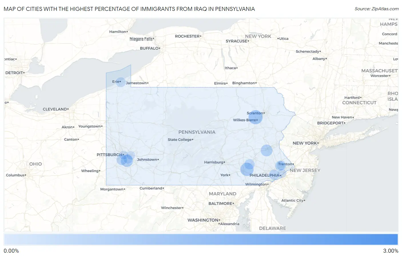 Cities with the Highest Percentage of Immigrants from Iraq in Pennsylvania Map