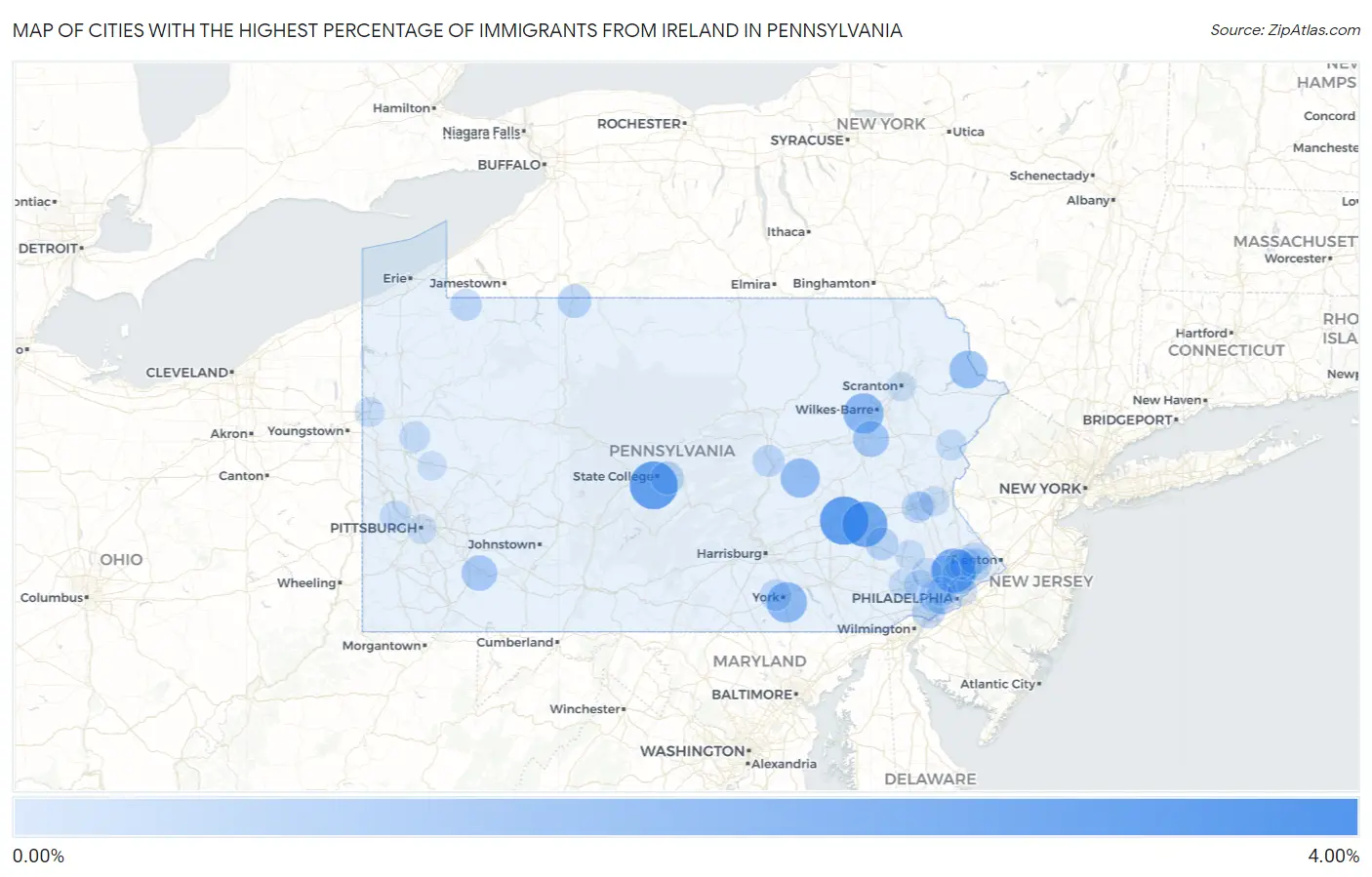 Cities with the Highest Percentage of Immigrants from Ireland in Pennsylvania Map